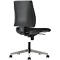 Black office chair with backrest, seat and castors. Metal base with five legs.