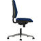 Office chair with blue seat and backrest, black elements and silver legs. Side view.