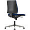 Office chair with blue seat and back, black backrest, and silver frame.