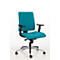 Office chair with turquoise seat, backrest, and armrests on casters against a white background.