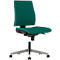 Turquoise office chair with black backrest and seat, silver feet, casters.