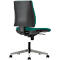 Teal and black office chair. The chair has a curved backrest and a padded seat. The base is silver with casters.