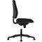 Black office chair, side view. High backrest, seat and swivel base with castors.