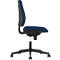 Office chair in side view. Blue seat and backrest, black armrests and frame. Five castors.