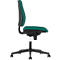 Office chair with green backrest and seat, black frame and wheels, side view.