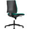 Office chair in black with a green seat and backrest. The chair has rollers, an adjustable seat height, and an ergonomic shape.