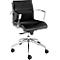 Black office chair with chrome armrests and frame. The chair has five castors.