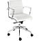 White office chair with chrome armrests and base. The chair stands on casters.