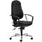 Black office chair with high back and armrests. Metal base with wheels.