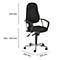Black office chair with armrests and wheels. Dimensions: 600 mm height, 420-550 mm seat height, 450 mm width and depth.