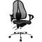 Black office chair with mesh back and adjustable armrests on a chrome base.