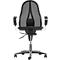 Black office chair with mesh back and chrome frame, armrests.