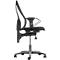 Black office chair, side view, with mesh back, armrests and wheels.