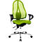 An ergonomic green office chair, with black armrests, on polished chrome frame.