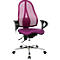 Office chair with pink mesh back, pink seat, black armrests, and chrome frame.