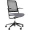 Black office chair with perforated backrest, gray seat and wheeled feet.
