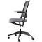 Office chair with mesh back, gray seat, and black armrests and frame, side view.