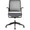 Office chair with black frame, gray seat and mesh backrest. Armrests, castors and gas spring.