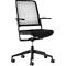 Black office chair, perforated back, armrests, five casters.