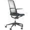 Black office chair, side view. The chair has a perforated backrest and armrests. Castors on the underside.