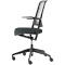 Black office chair with mesh back, armrests, and castors. Side view.