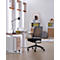 Office chair in front of a window. The chair has a black frame and a woven back. The desk is white with a wood finish.