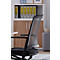 Black office chair in front of white shelf with yellow folders. The chair has a perforated backrest.