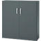 Grey filing cabinet with two doors, silver handles, and lock.