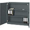 Grey steel cabinet with open doors. Folders, notepad on shelves.