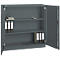 Grey filing cabinet with open door. Interior shelves with files, notepad and calculator.