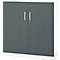 Grey cabinet with white sides, two doors, silver handles and a lock.