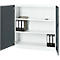 Open steel cabinet, white interior, gray doors. Binders, notebook, and code device on shelves.