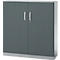 Gray cabinet with two doors. Handles and keyhole. Standing on a light base.