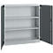 A gray steel cabinet with open doors. Inside, three shelves.