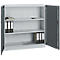 Open, gray file cabinet with folders, notepad, and calculator on the shelves.