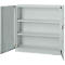 Light gray steel cabinet with open door. Three shelves. Handle and lock.