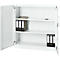 White file cabinet with open doors, holding file folders and notebooks on the shelves.