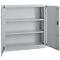 Gray steel cabinet, one door open, three shelves. Handle and hinges visible.