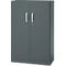 Dark grey cabinet with two doors, silver handles and a lock.
