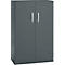 Dark grey cabinet with two doors, silver handles, and a keyhole.