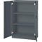 Gray steel cabinet with open doors. Three shelves.
