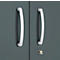 Close-up of cabinet doors with two silver handles and a keyhole.
