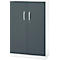 Dark grey cabinet with two doors, silver handles, and a lock. The cabinet sits on a white base.