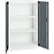 White steel cabinet with open gray doors, three white shelves inside.