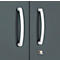 Two white, curved door handles on a gray cabinet door. Below, a keyhole with a key.