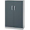 Gray cabinet with two doors, two handles and a keyhole.