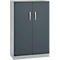 Grey steel cabinet with two doors, silver handles, and keyhole.