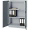 Grey filing cabinet, open, with folders and notebook on the shelves.