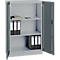 Grey filing cabinet with open doors. Folders and office supplies are in the cabinet.