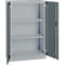 Gray steel cabinet with open doors and three shelves.